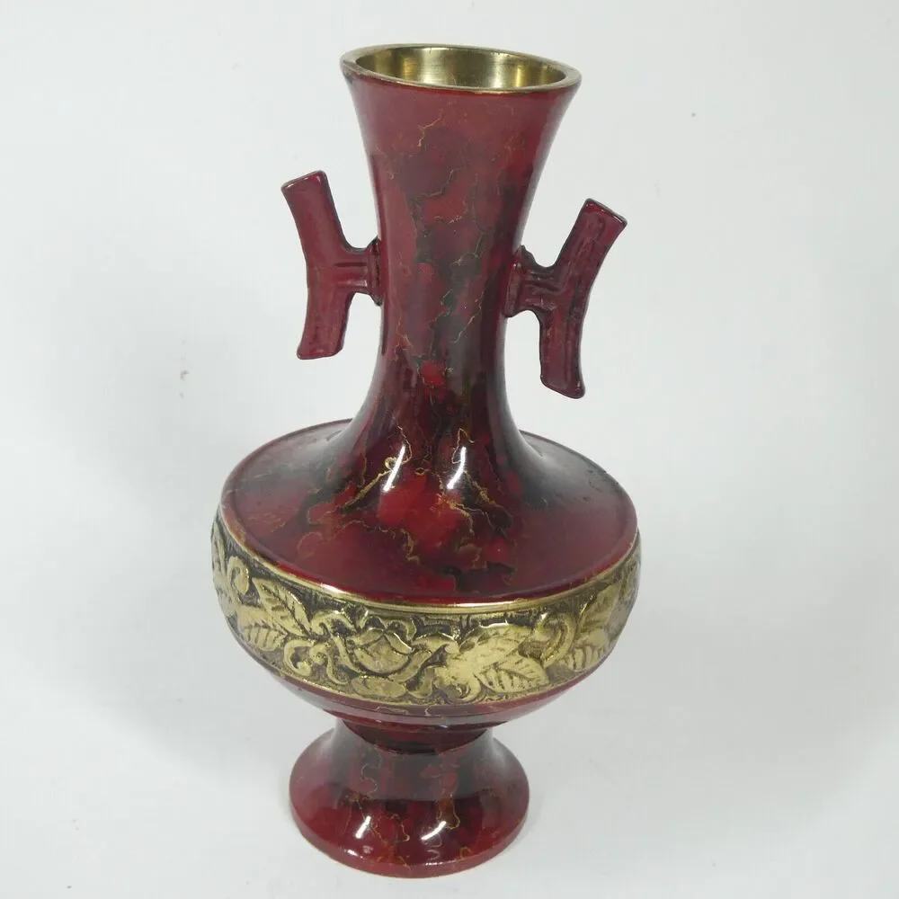 Brass Vase Red Marbled Enamel Vintage 6.5